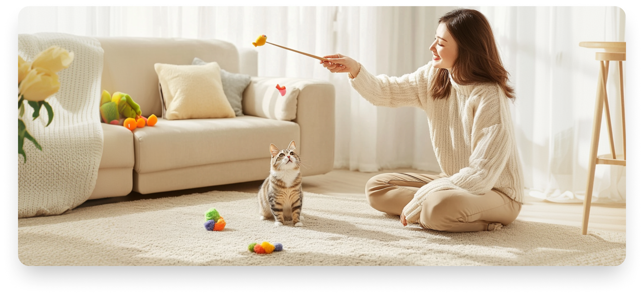 宠物主与猫咪互动的家庭场景大图